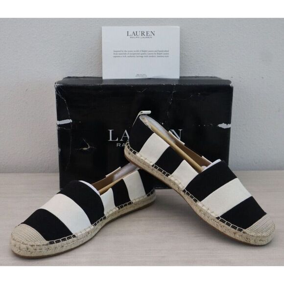 Ralph Lauren Women Sz 9.5 B Black Striped Chleo Slip-On Espadrille Shoes - Picture 1 of 12